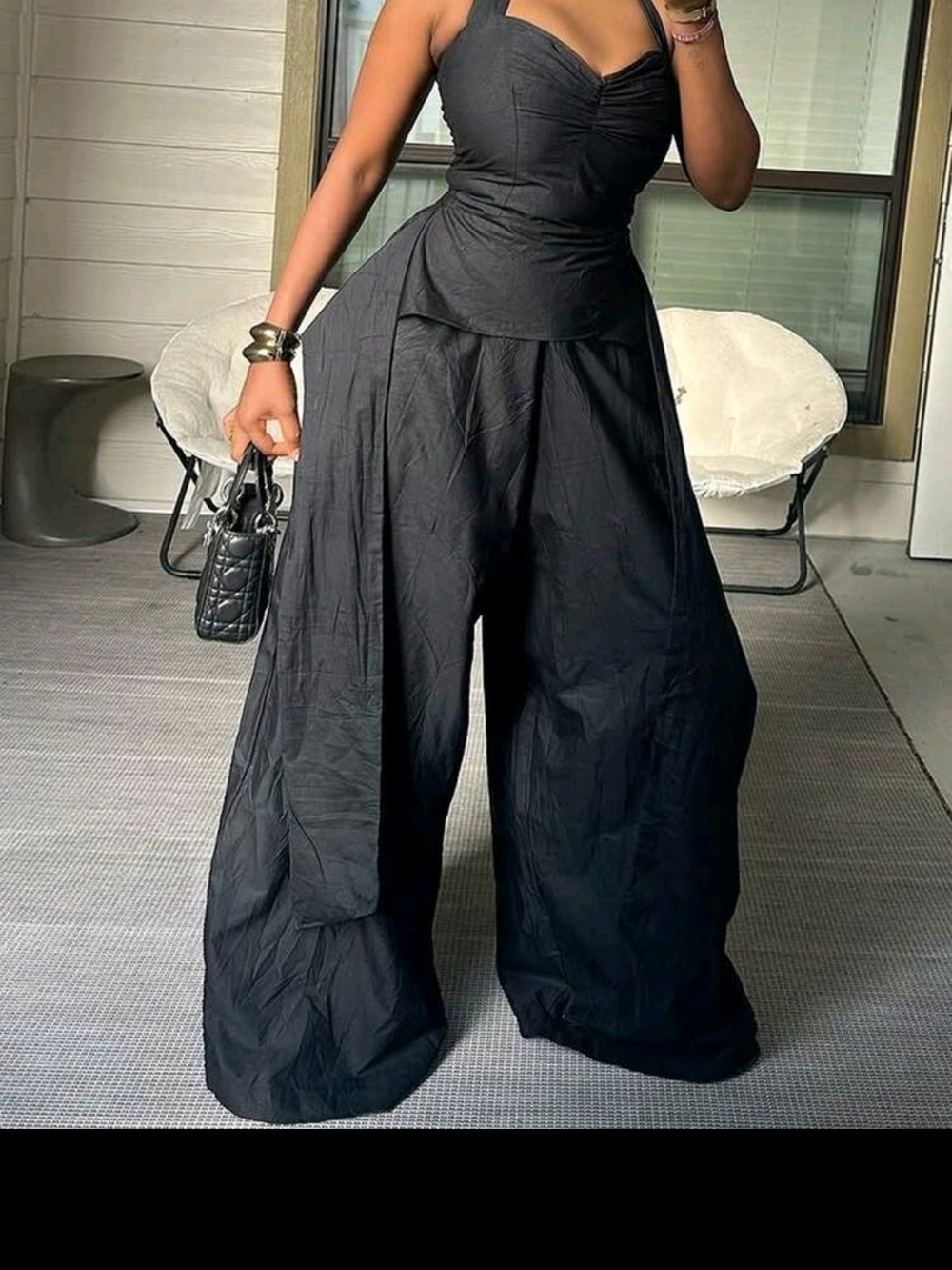 Wide-Leg Black Jumpsuit with Draped Bodice